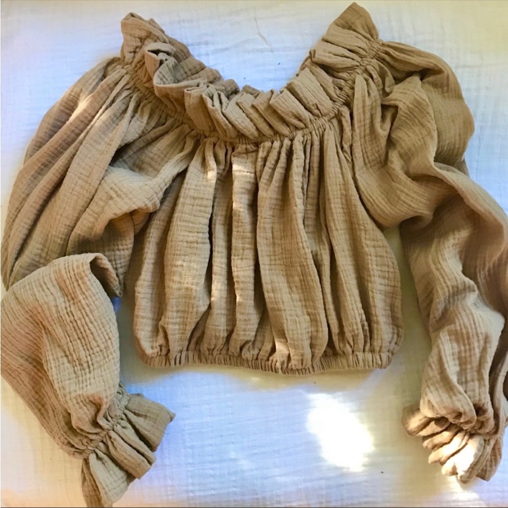 Relaxed Ruffle-Neck Crop Top in Taupe - Picture 2 of 8